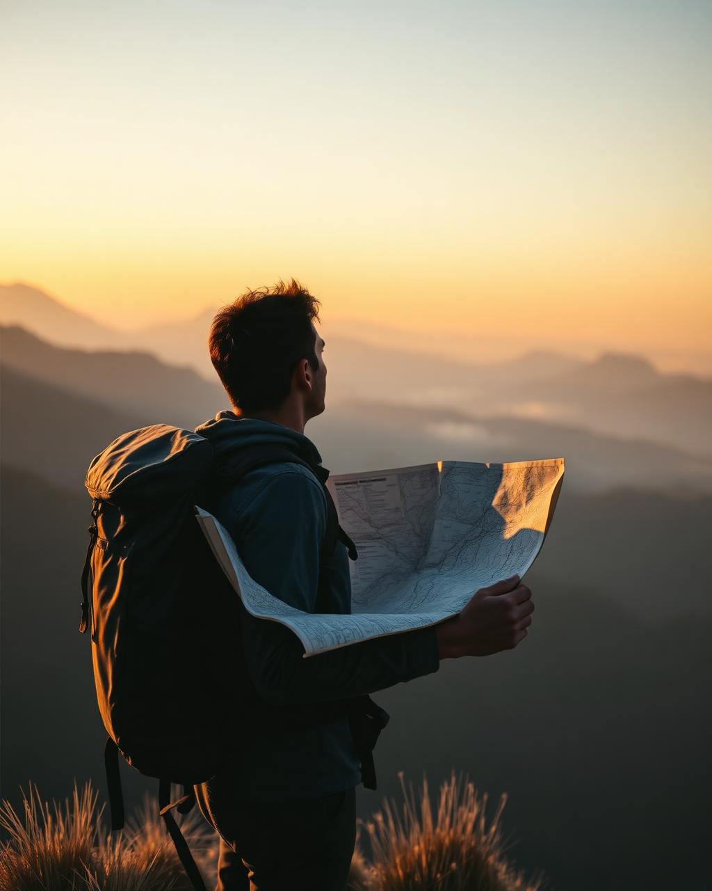Adventurer with a map looking toward distant mountains at sunrise
