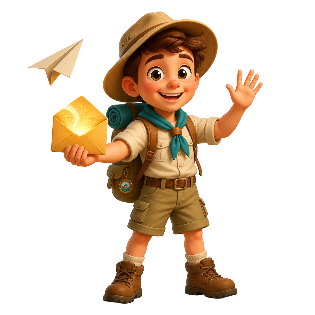 Friendly travel guide holding a golden envelope